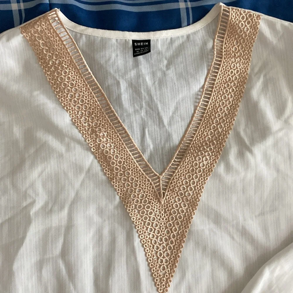 Cream Long Sleeve Blouse with V-neck embroidered Collar and cuffs - Picture 6 of 17